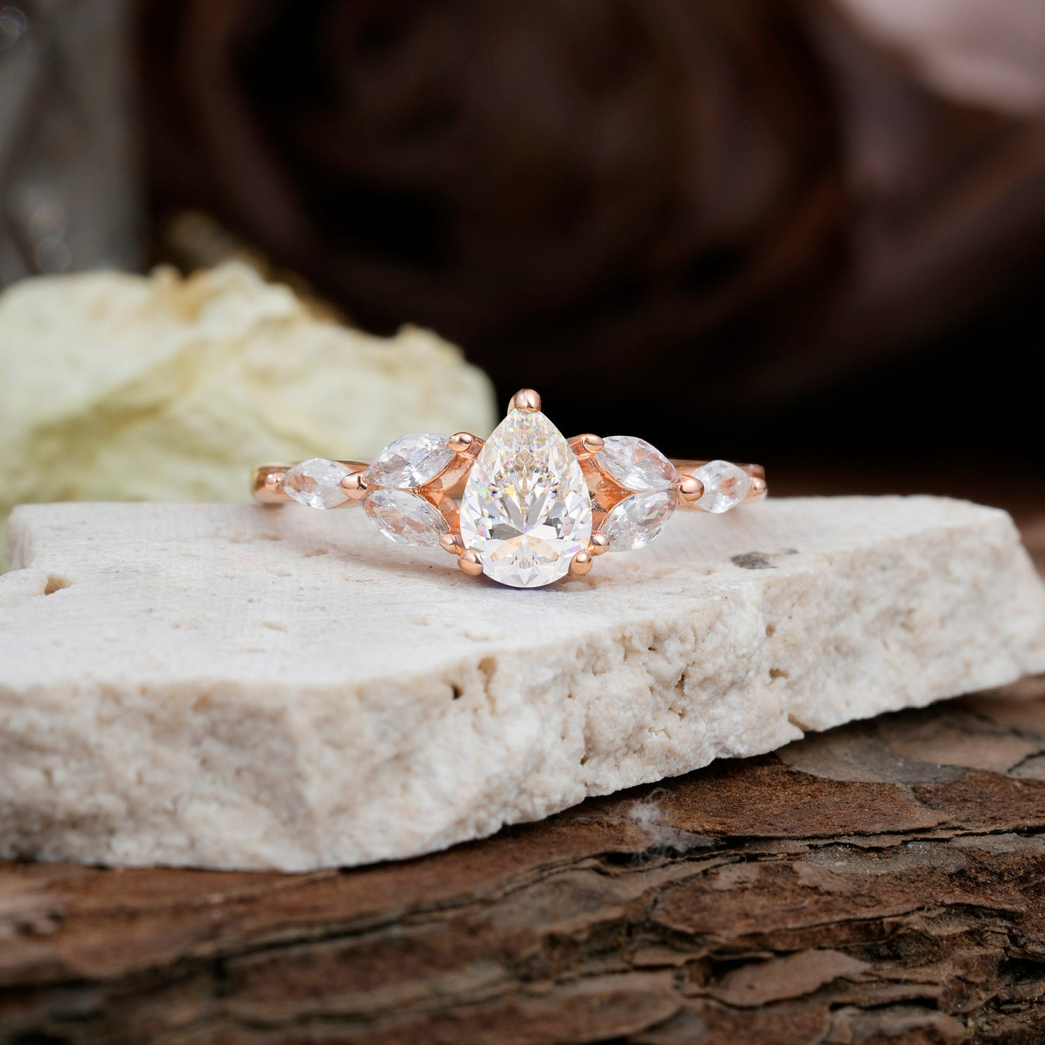 Pear Shaped Moissanite Nature Inspired Promise Engagement Ring
