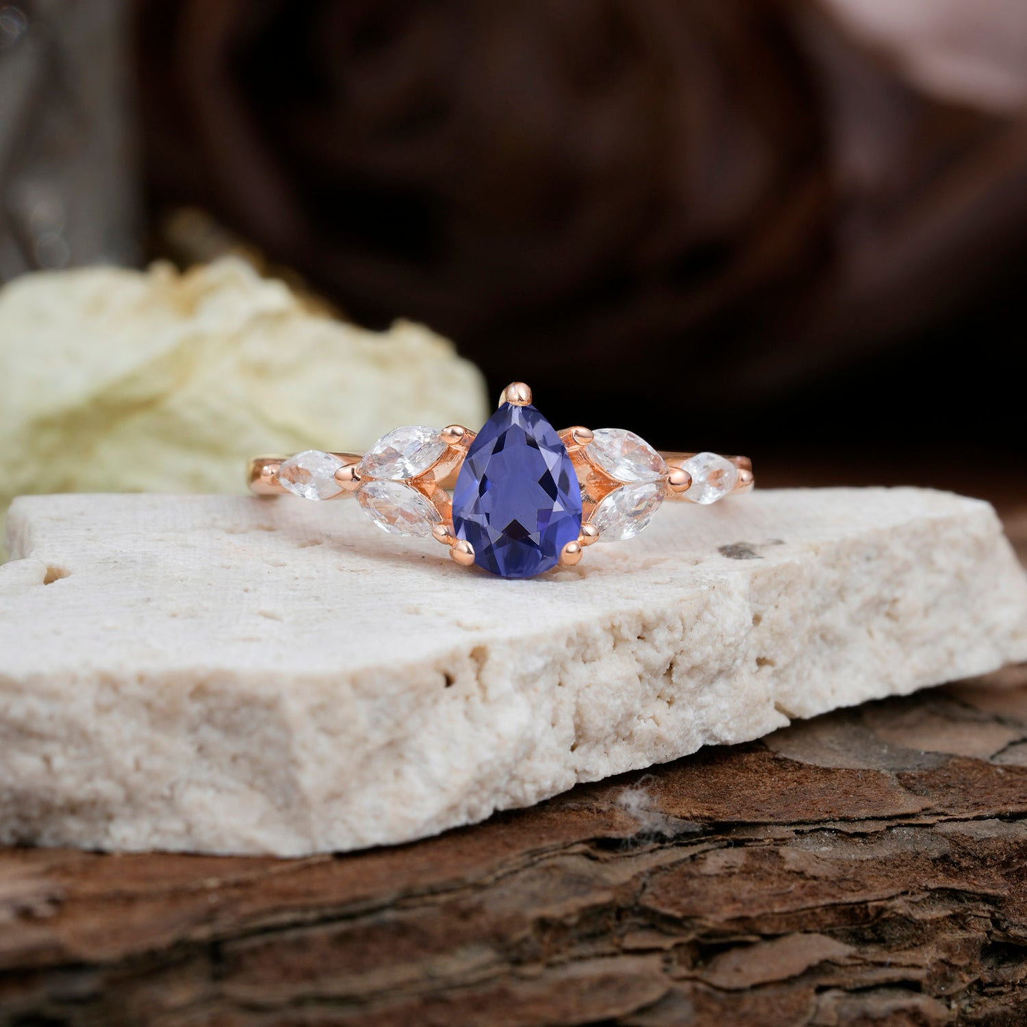 Pear Shaped Tanzanite Nature Inspired Promise Engagement Ring