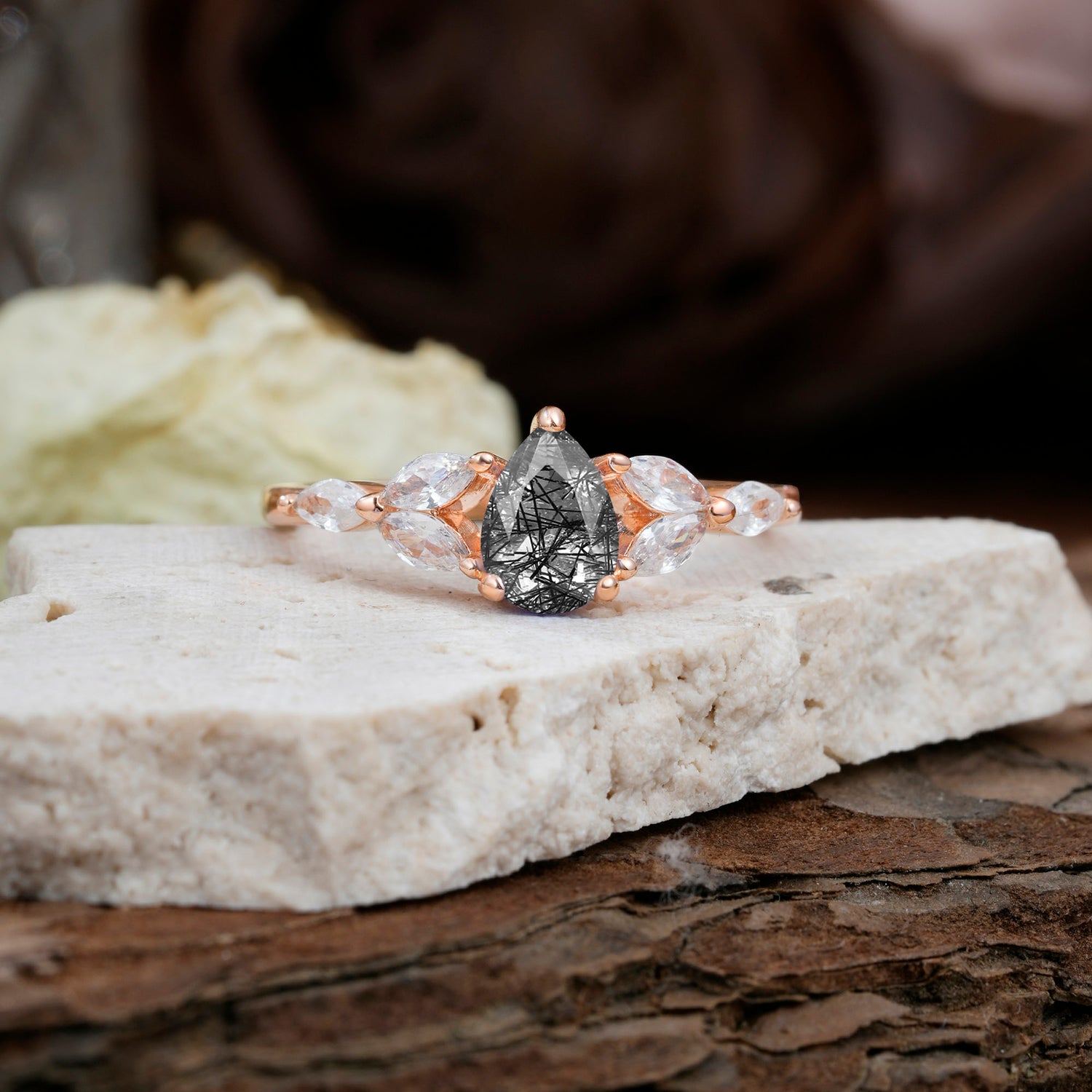 Pear Shaped Black Rutilated Quartz Nature Inspired Promise Engagement Ring