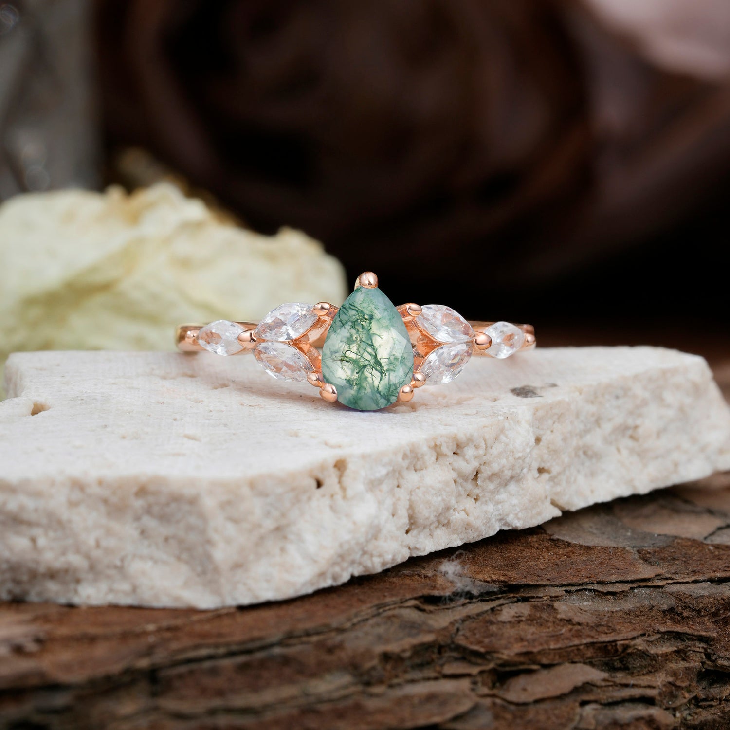 Pear Shaped Moss Agate Nature Inspired Promise Engagement Ring