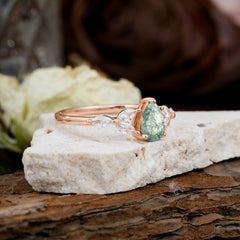 Pear Shaped Moss Agate Engagement Ring Nature Inspired Promise Ring