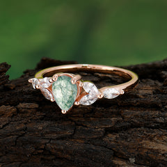 Pear Shaped Moss Agate Engagement Ring Nature Inspired Promise Ring