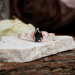 Pear Shaped Black Onyx Engagement Ring Nature Inspired Promise Ring