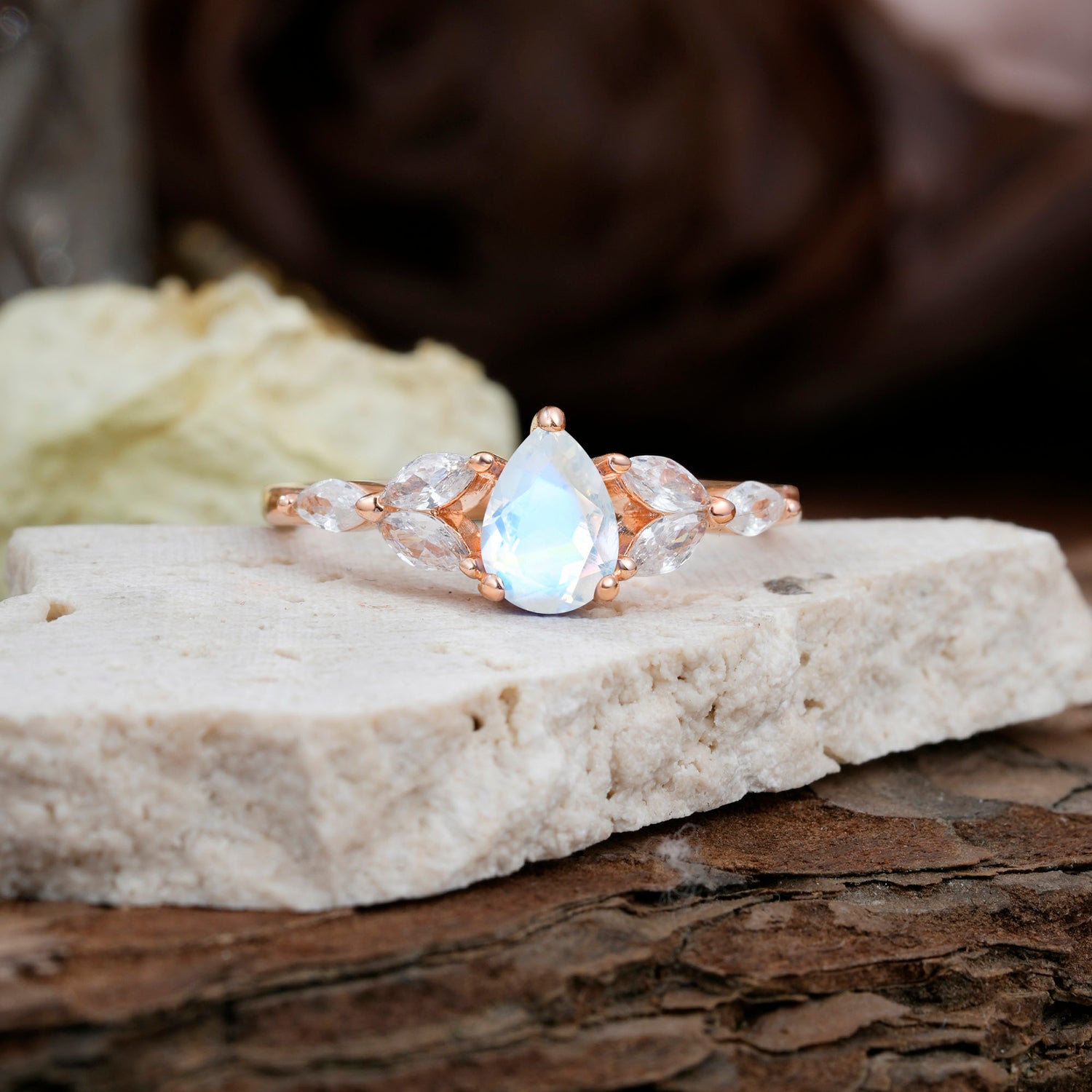 Pear Shaped Natural Moonstone Nature Inspired Promise Engagement Ring