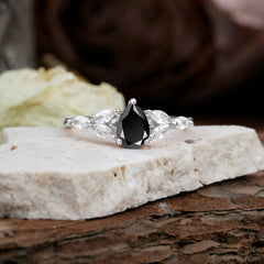 Pear Shaped Black Onyx Engagement Ring Nature Inspired Promise Ring