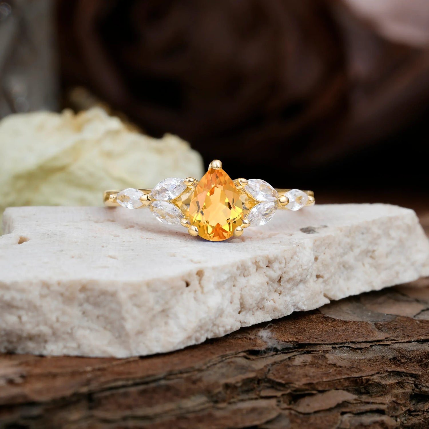 Pear Shaped Citrine Nature Inspired Promise Engagement Ring