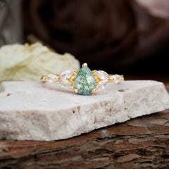 Pear Shaped Moss Agate Engagement Ring Nature Inspired Promise Ring