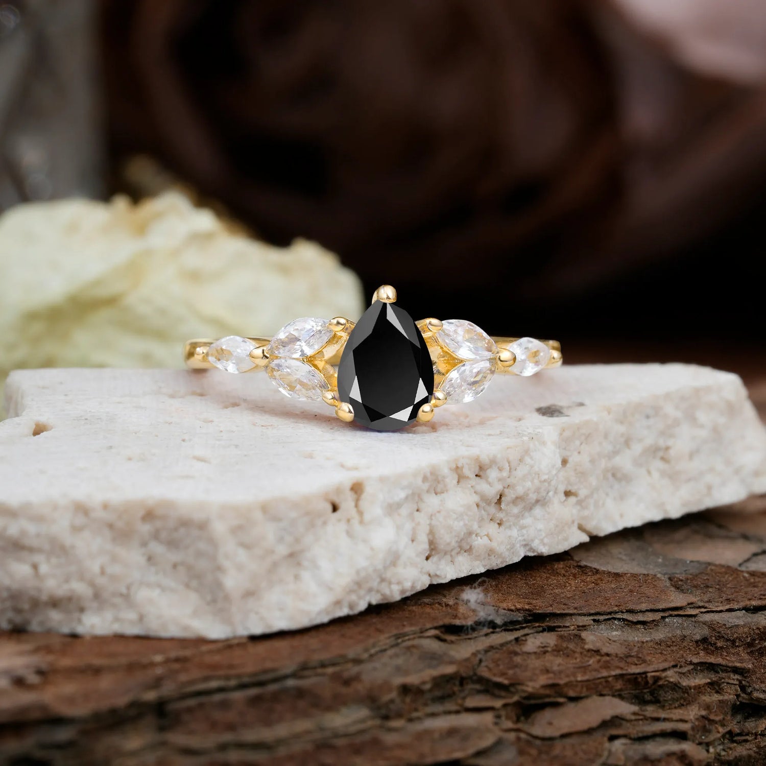 Pear Shaped Black Onyx Nature Inspired Promise Engagement Ring