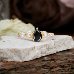 Pear Shaped Black Onyx Engagement Ring Nature Inspired Promise Ring