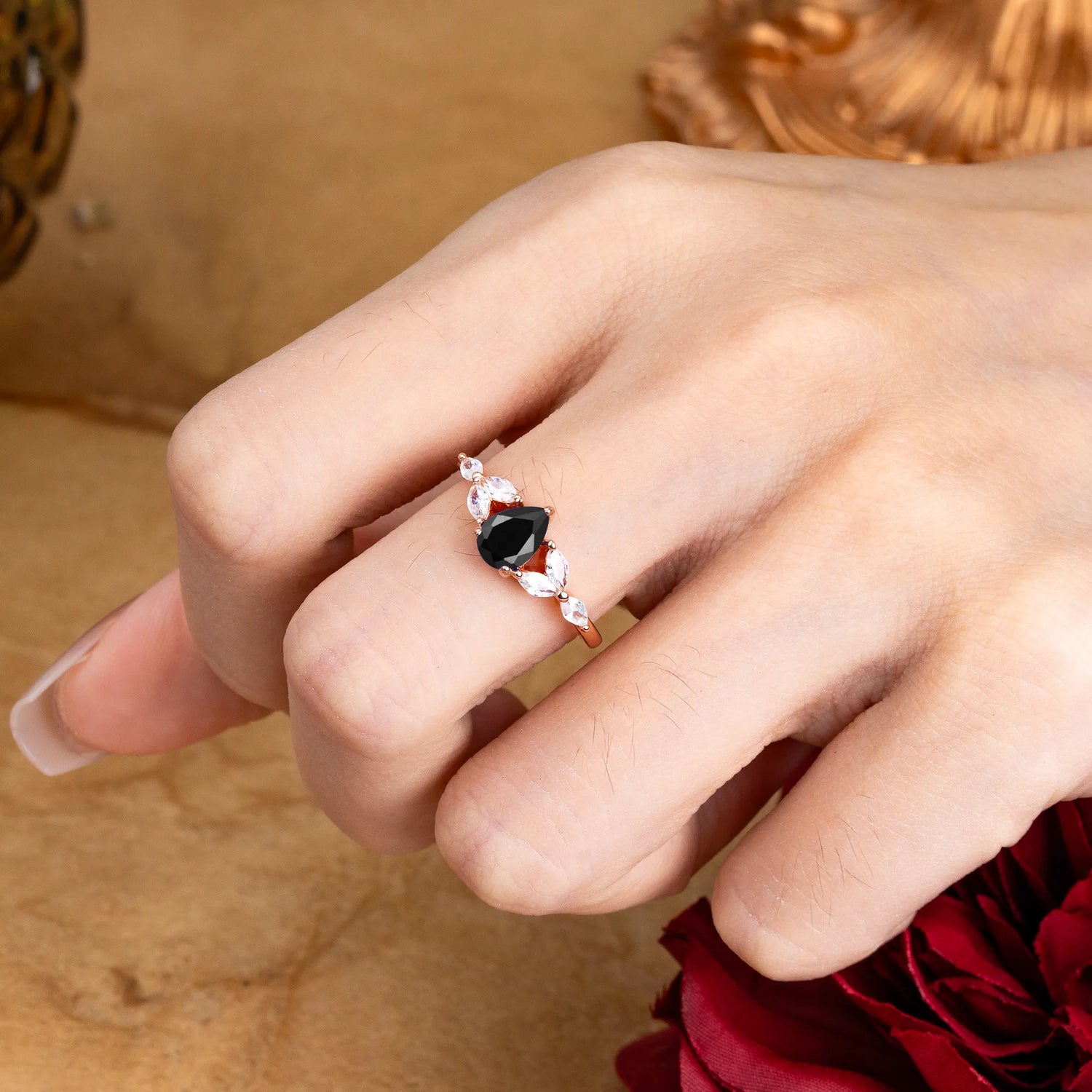Pear Shaped Black Onyx Nature Inspired Promise Engagement Ring