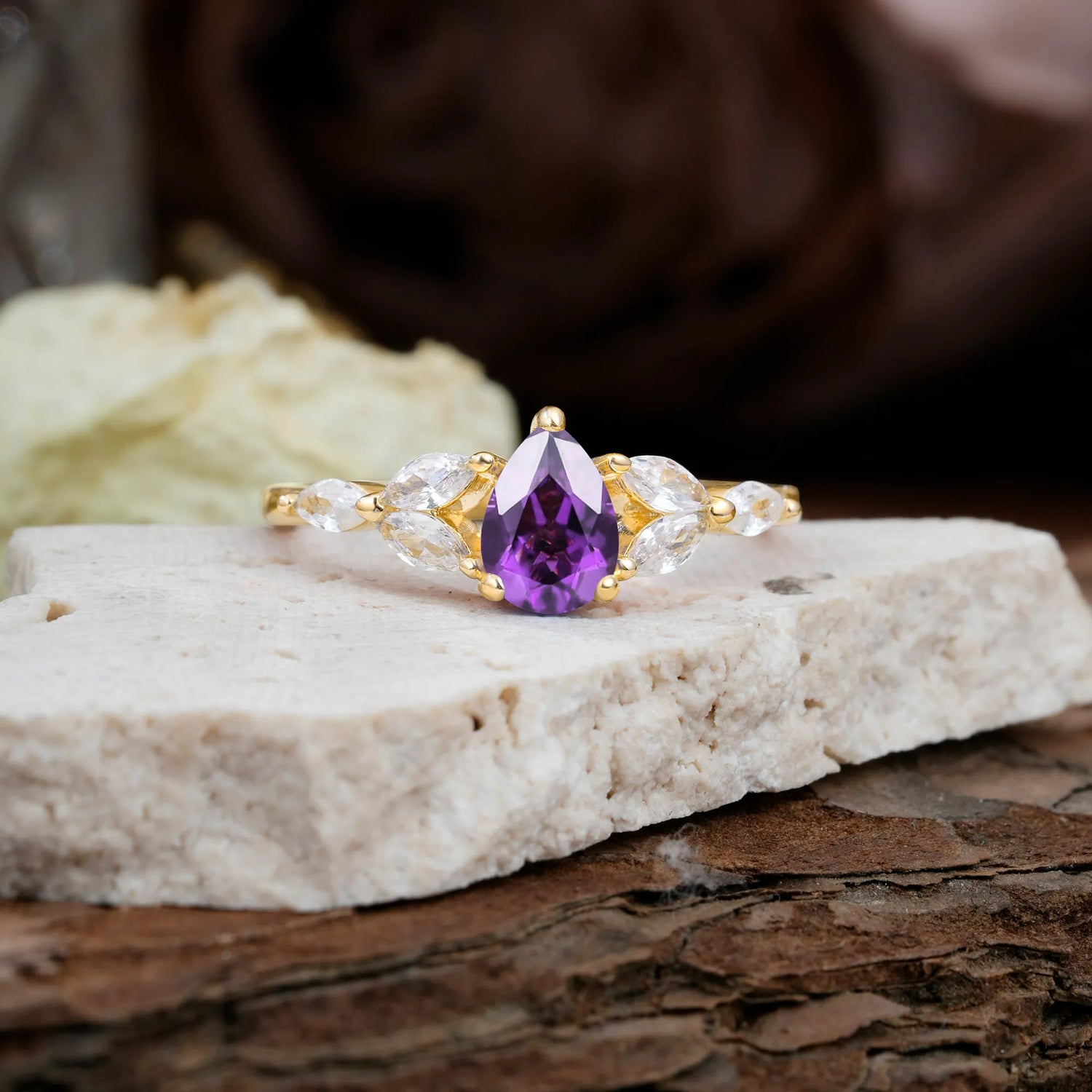 Pear Shaped Amethyst Nature Inspired Promise Engagement Ring