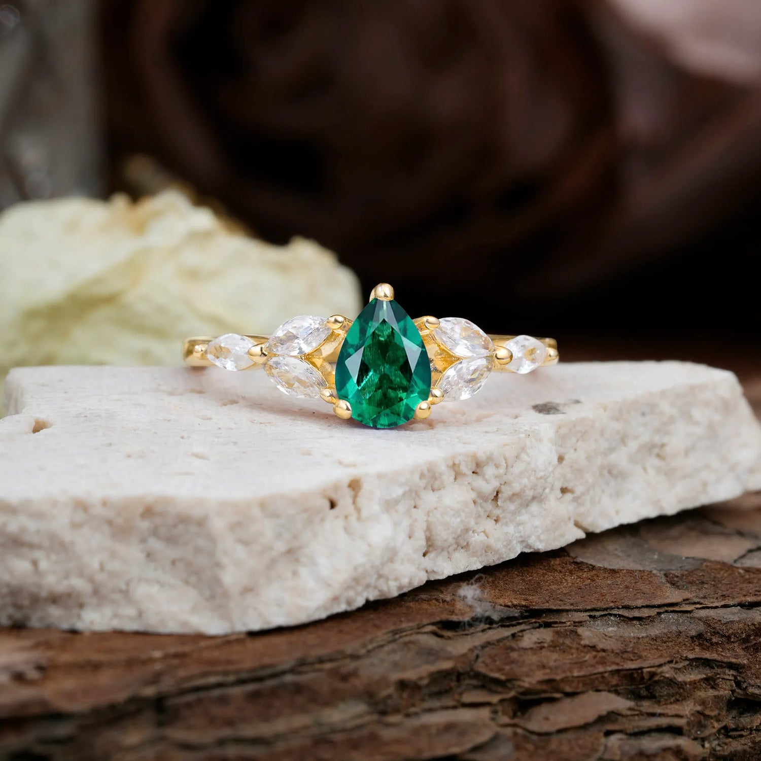 Pear Shaped Emerald Nature Inspired Promise Engagement Ring