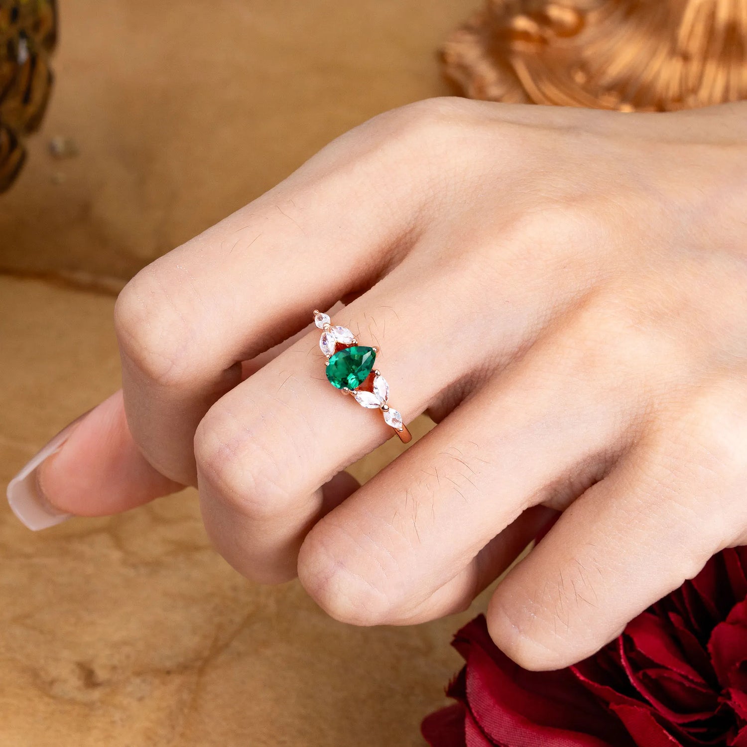 Pear Shaped Emerald Nature Inspired Promise Engagement Ring