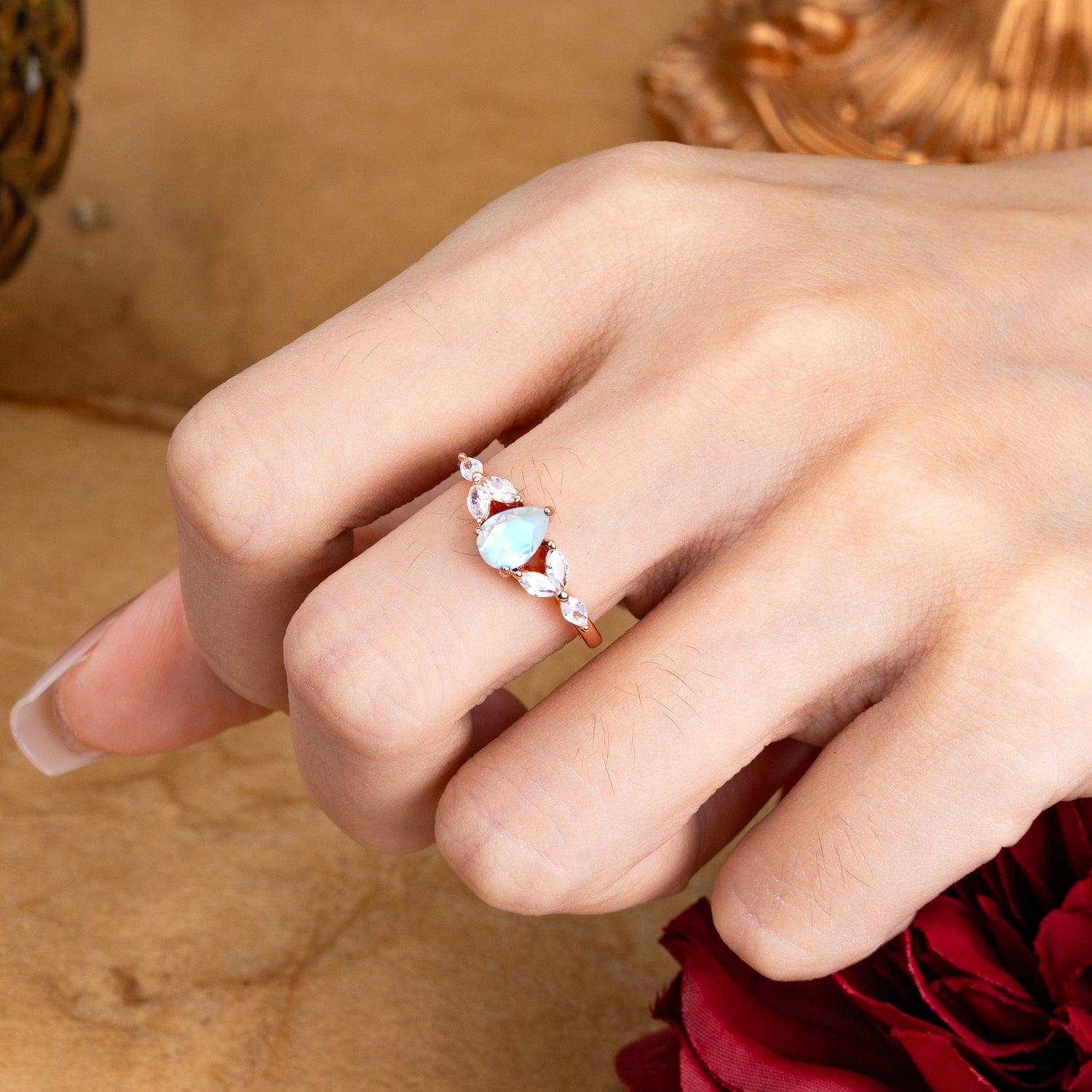Pear Shaped Natural Moonstone Nature Inspired Promise Engagement Ring