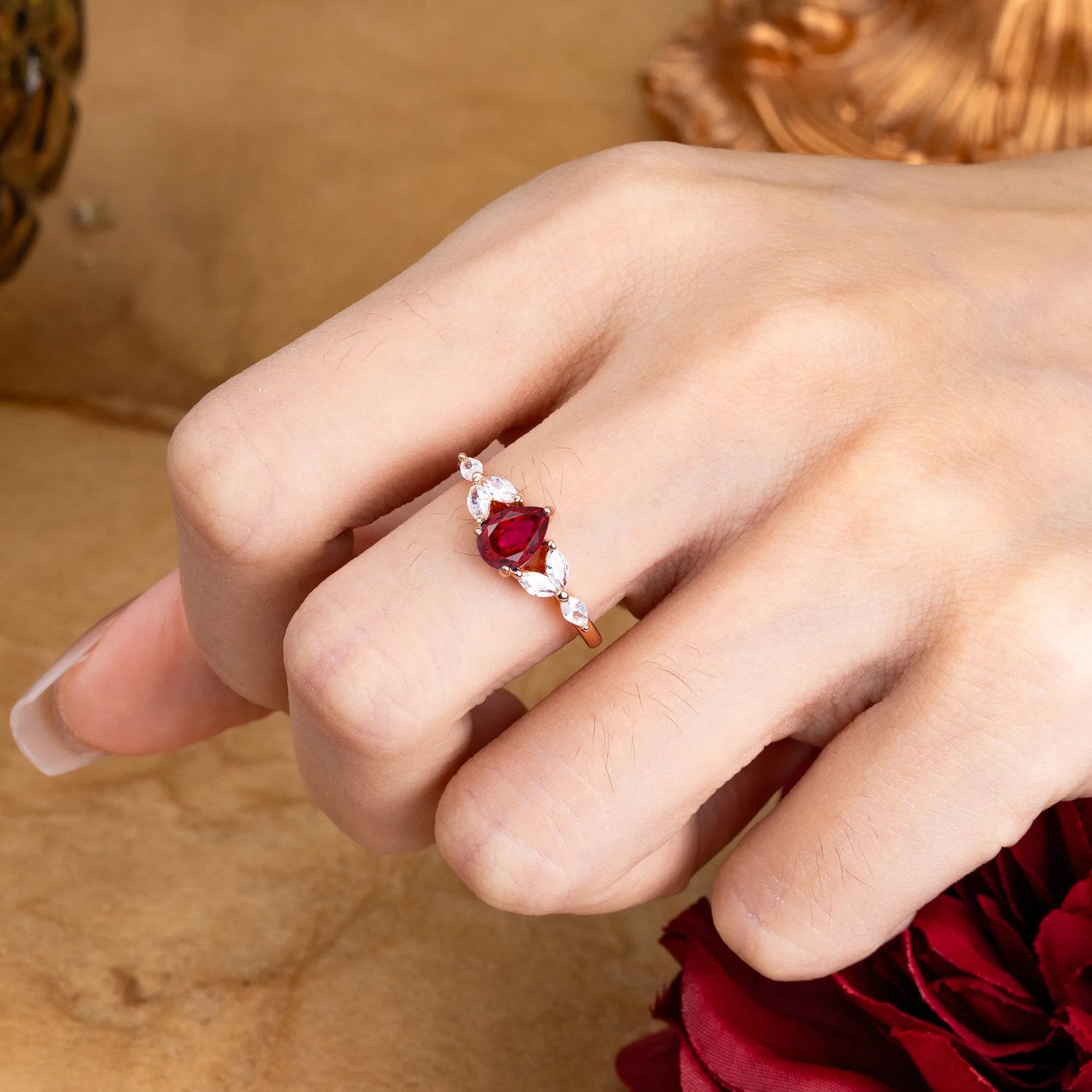 Pear Shaped Ruby Nature Inspired Promise Engagement Ring