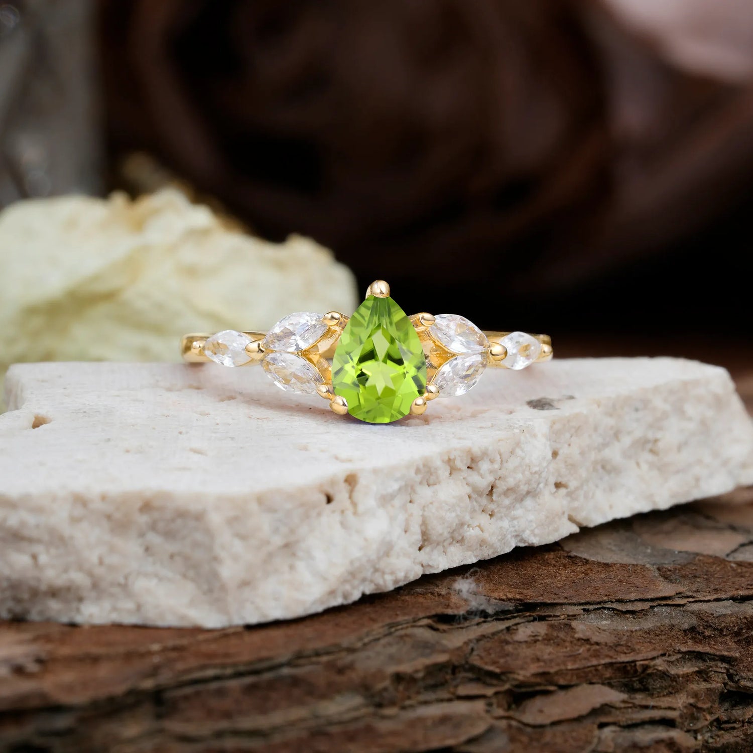 Pear Shaped Peridot Nature Inspired Promise Engagement Ring