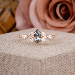 Classic Marquise Cut Black Rutilated Quartz Engagement Ring Sider with 3-stone