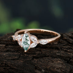Classic Marquise Cut Moss Agate Engagement Ring Sider with 3-stone