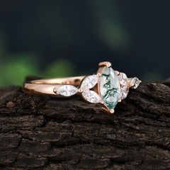 Classic Marquise Cut Moss Agate Engagement Ring Sider with 3-stone