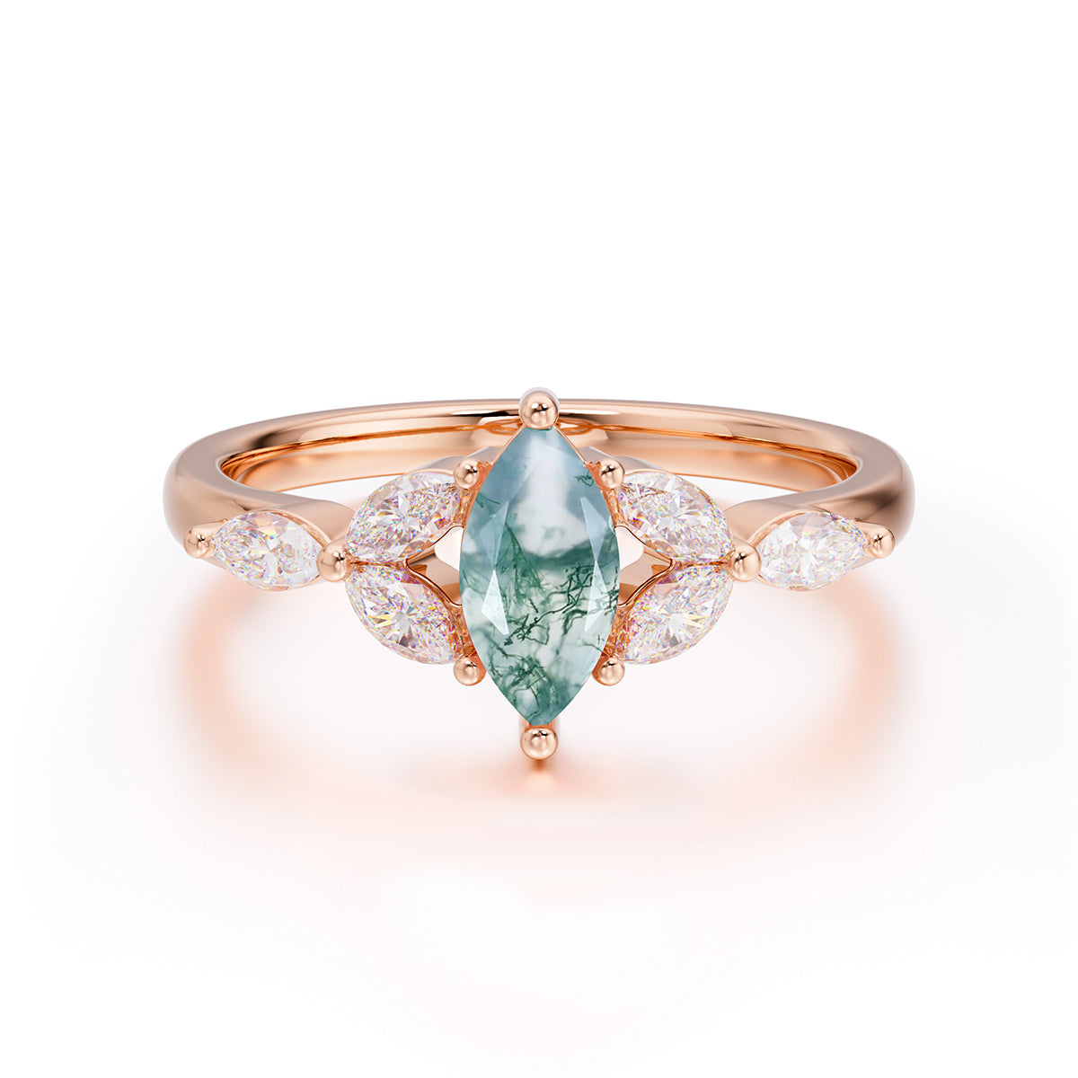 Classic Marquise Cut Moss Agate Engagement Ring Sider with 3-stone
