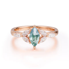 Classic Marquise Cut Moss Agate Engagement Ring Sider with 3-stone