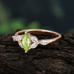 Classic Marquise Cut Peridot Engagement Ring Sider with 3-stone