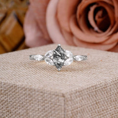 Classic Marquise Cut Black Rutilated Quartz Engagement Ring Sider with 3-stone