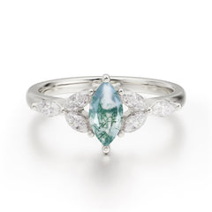 Classic Marquise Cut Moss Agate Engagement Ring Sider with 3-stone