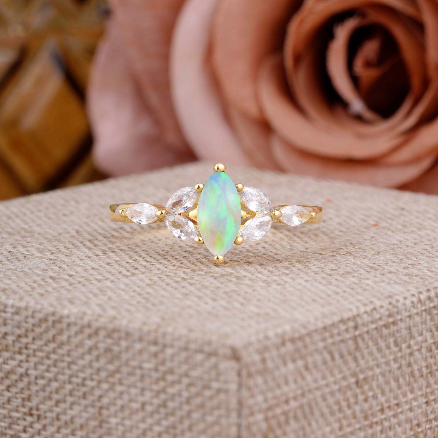 Classic Marquise Cut Opal Engagement Ring Sider with 3-stone
