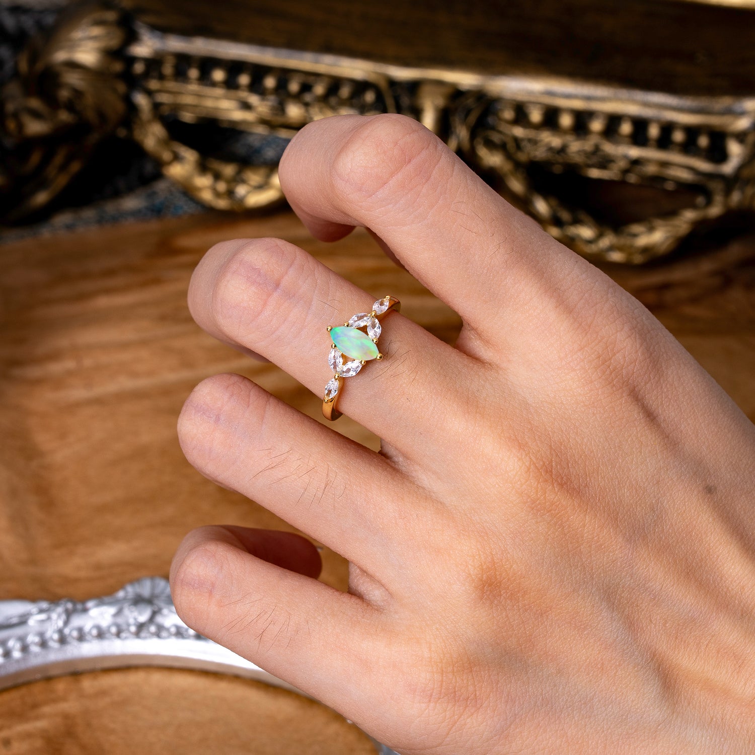 Classic Marquise Cut Opal Engagement Ring Sider with 3-stone