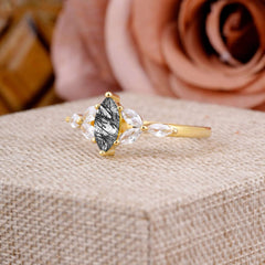 Classic Marquise Cut Black Rutilated Quartz Engagement Ring Sider with 3-stone