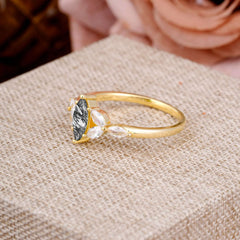 Classic Marquise Cut Black Rutilated Quartz Engagement Ring Sider with 3-stone