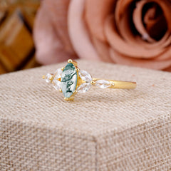 Classic Marquise Cut Moss Agate Engagement Ring Sider with 3-stone