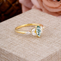 Classic Marquise Cut Moss Agate Engagement Ring Sider with 3-stone