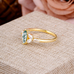 Classic Marquise Cut Moss Agate Engagement Ring Sider with 3-stone