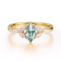 Classic Marquise Cut Moss Agate Engagement Ring Sider with 3-stone
