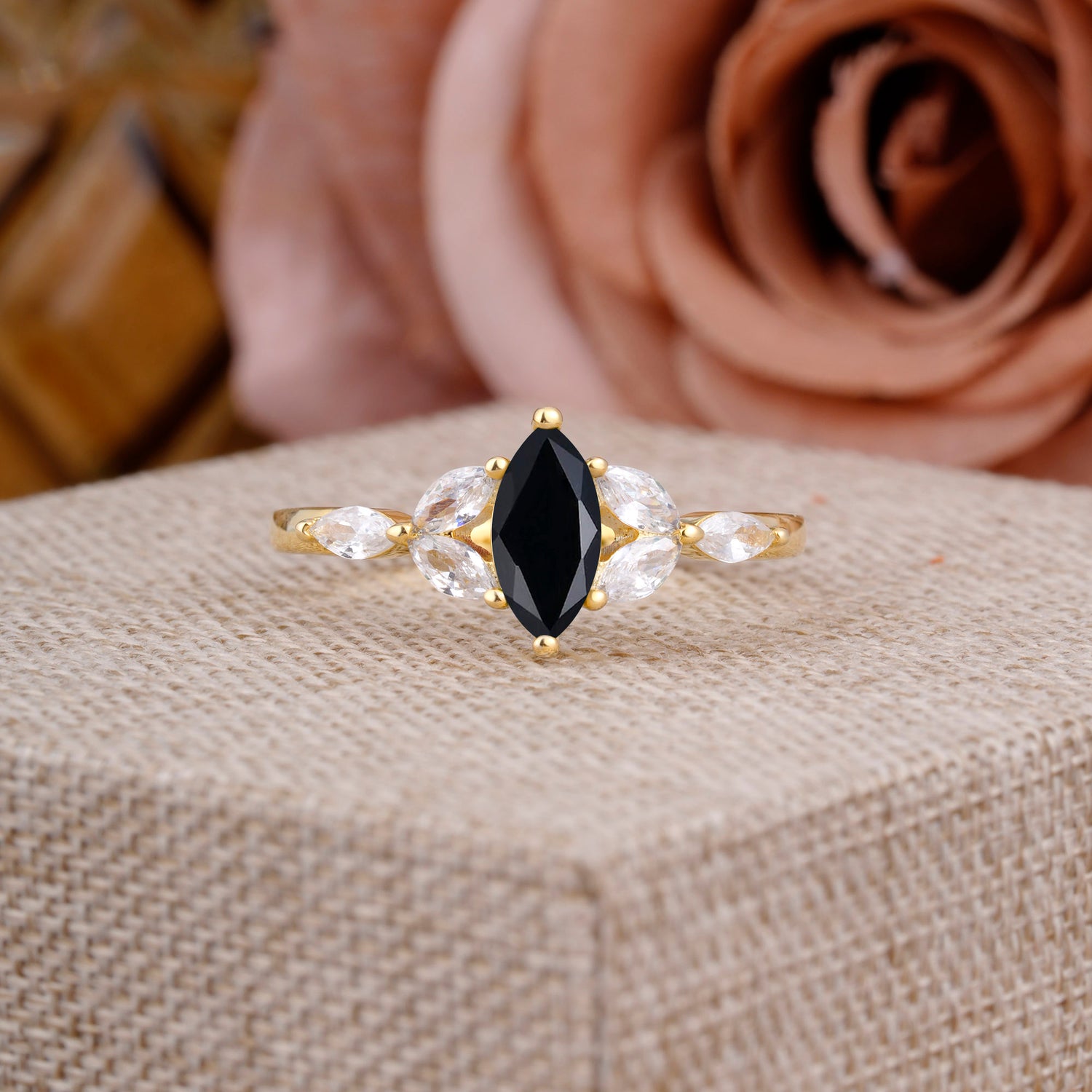 Black Onyx Marquise Cut  Engagement Ring Sider with 3-stone