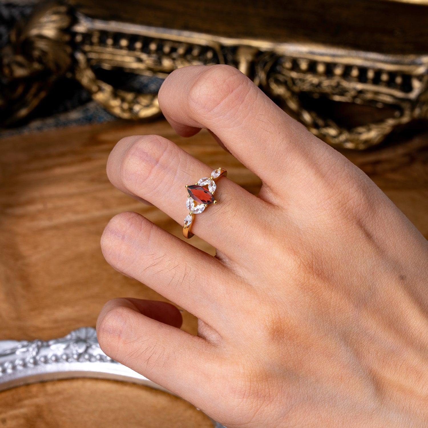 Classic Marquise Cut Garnet Engagement Ring Sider with 3-stone