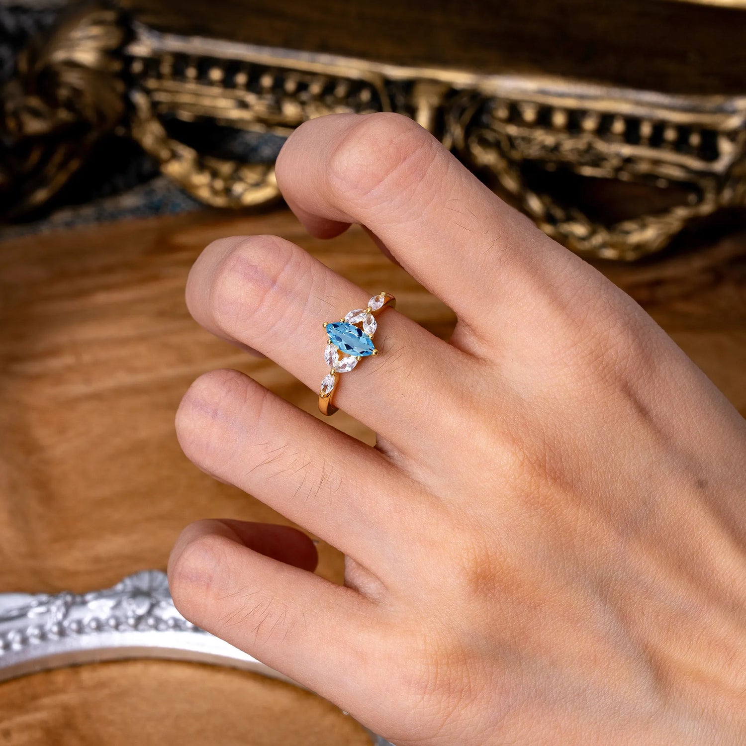 Classic Marquise Cut Aquamarine Engagement Ring Sider with 3-stone