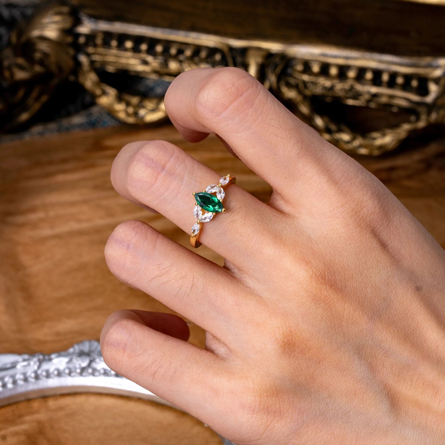 Classic Marquise Cut Emerald Engagement Ring Sider with 3-stone
