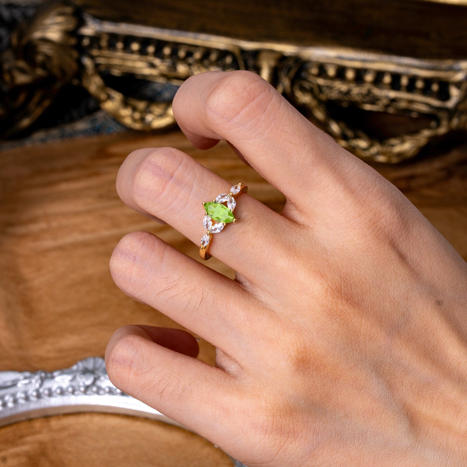 Classic Marquise Cut Peridot Engagement Ring Sider with 3-stone