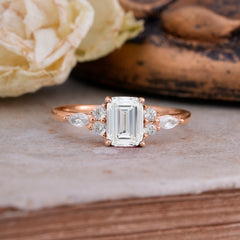 1 Carat Emerald Cut Moissanite Classic Side Stone Engagement Ring