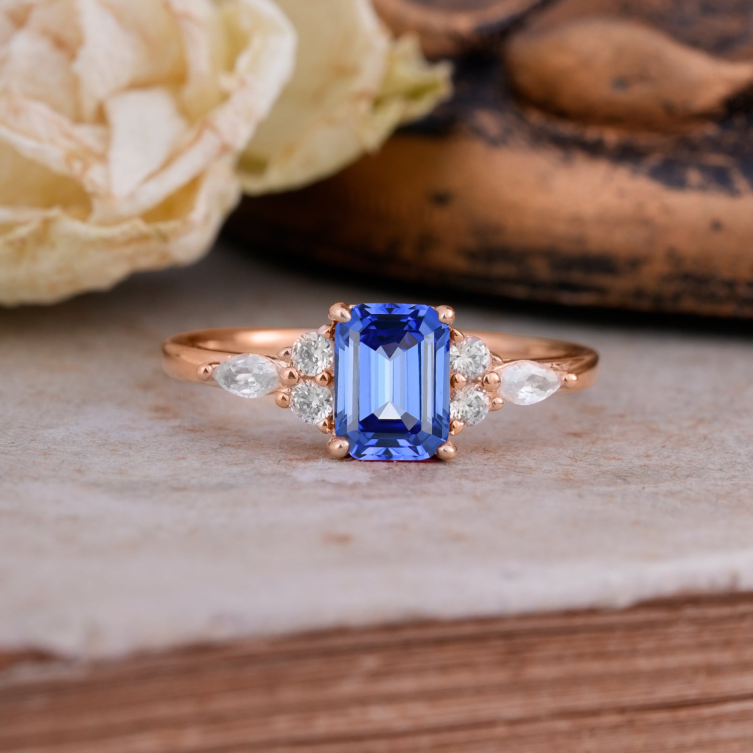 1 Carat 4 Prong Emerald Cut Sapphire Classic Side Stone Engagement Ring