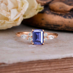 1 Carat 4 Prong Emerald Cut Tanzanite Classic Side Stone Engagement Ring