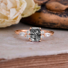 1 Carat 4 Prong Emerald Cut Black Rutilated Quartz Classic Side Stone Engagement Ring
