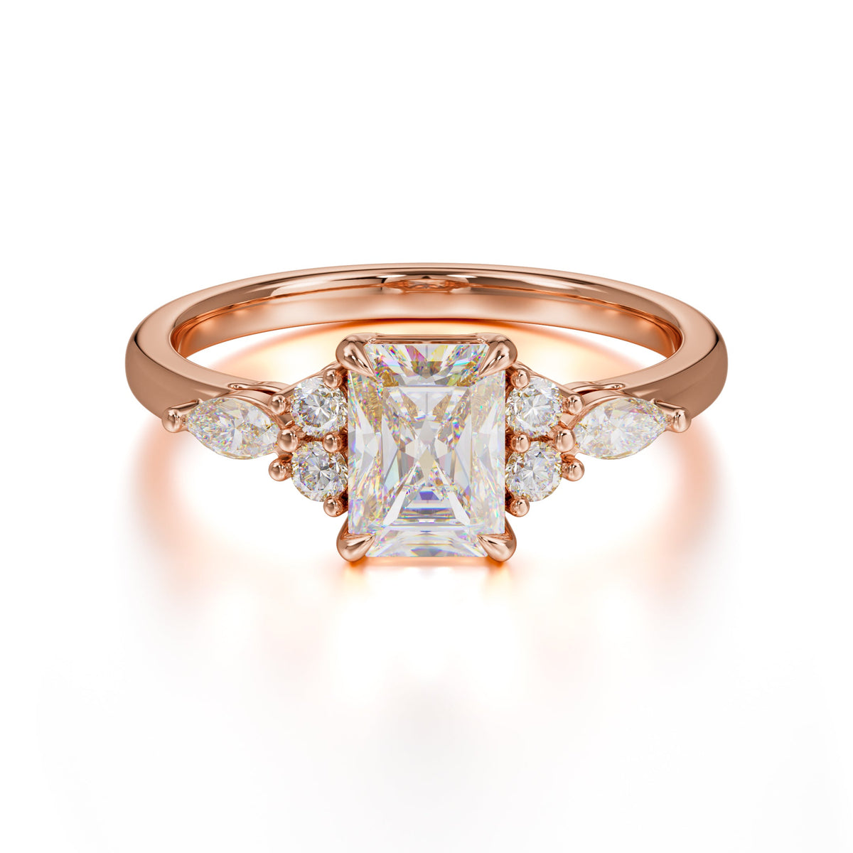 1 Carat Emerald Cut Moissanite Classic Side Stone Engagement Ring