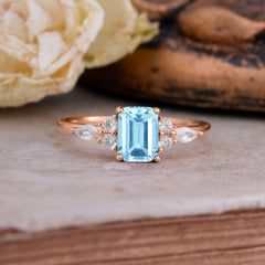 1 Carat 4 Prong Emerald Cut Aquamarine Classic Side Stone Engagement Ring