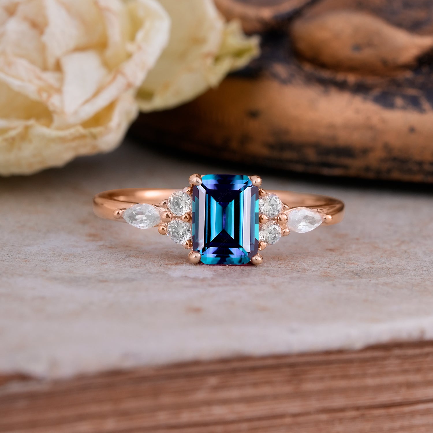 1 Carat Emerald Cut Alexandrite Classic Side Stone Engagement Ring