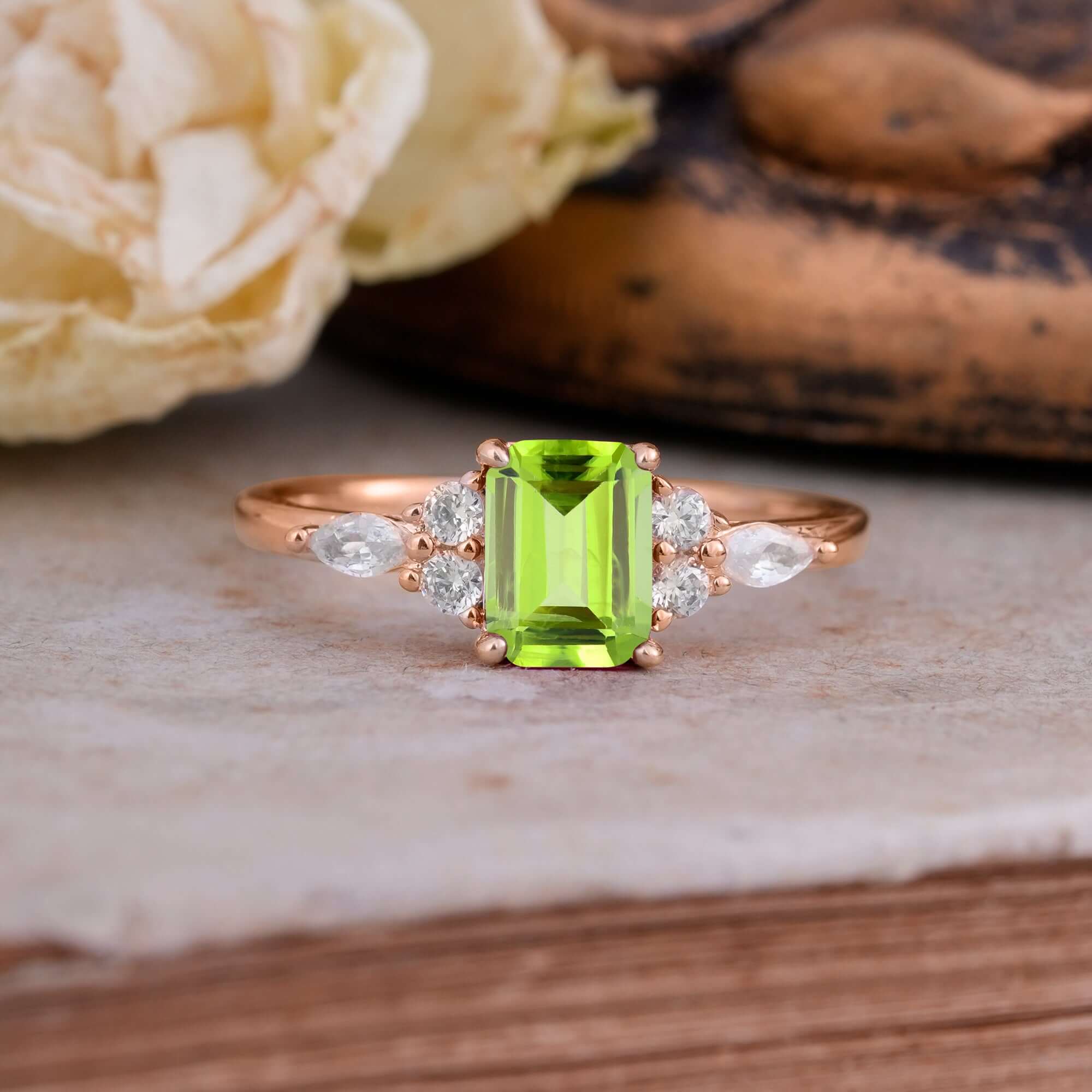 1 Carat 4 Prong Emerald Cut Peridot Classic Side Stone Engagement Ring - Romalar Jewelry