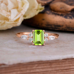 1 Carat 4 Prong Emerald Cut Peridot Classic Side Stone Engagement Ring